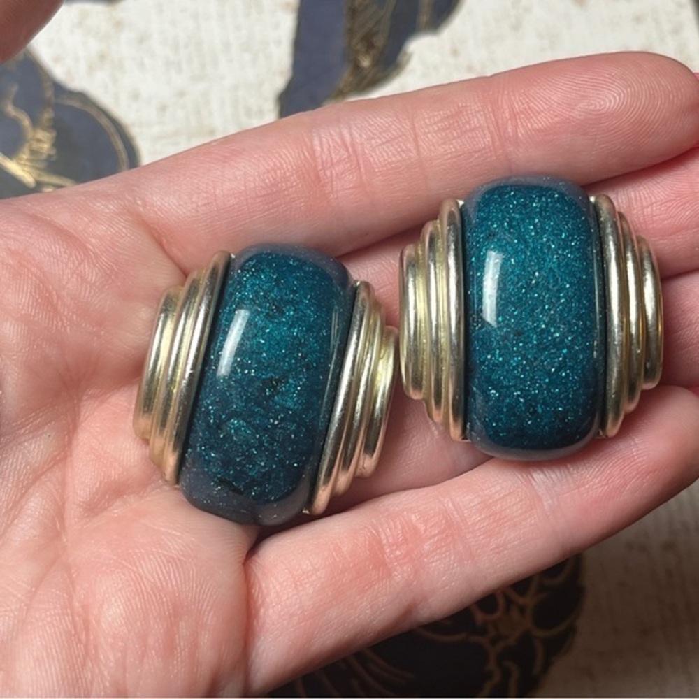 Vintage 80s Silver and Teal Blue Sparkle Enamel Oversized Statement Earrings D2